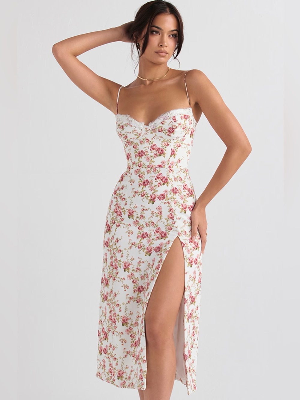 NWT House of CB CHARLOTTE Rose Print Corset Midi Sundress Size Large-Plus Cup
